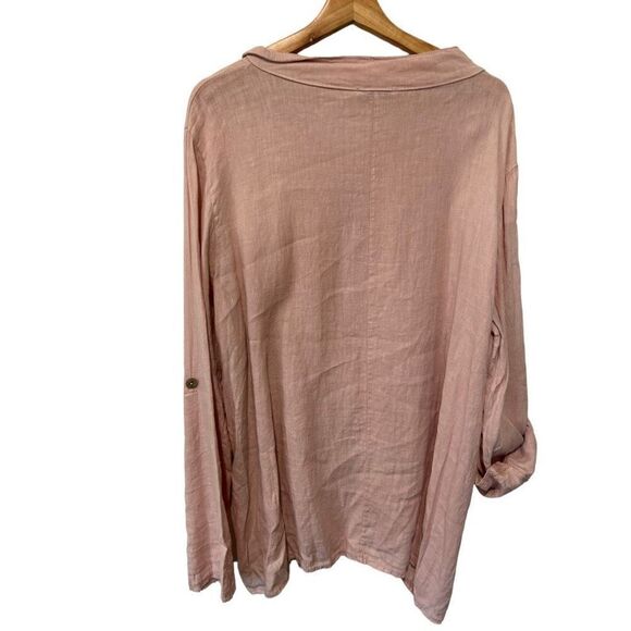 Saga Blush Pink 100% linen Italy Asymmetrical V-Neck Adjustable Cuff Blouse Size - Picture 11 of 16